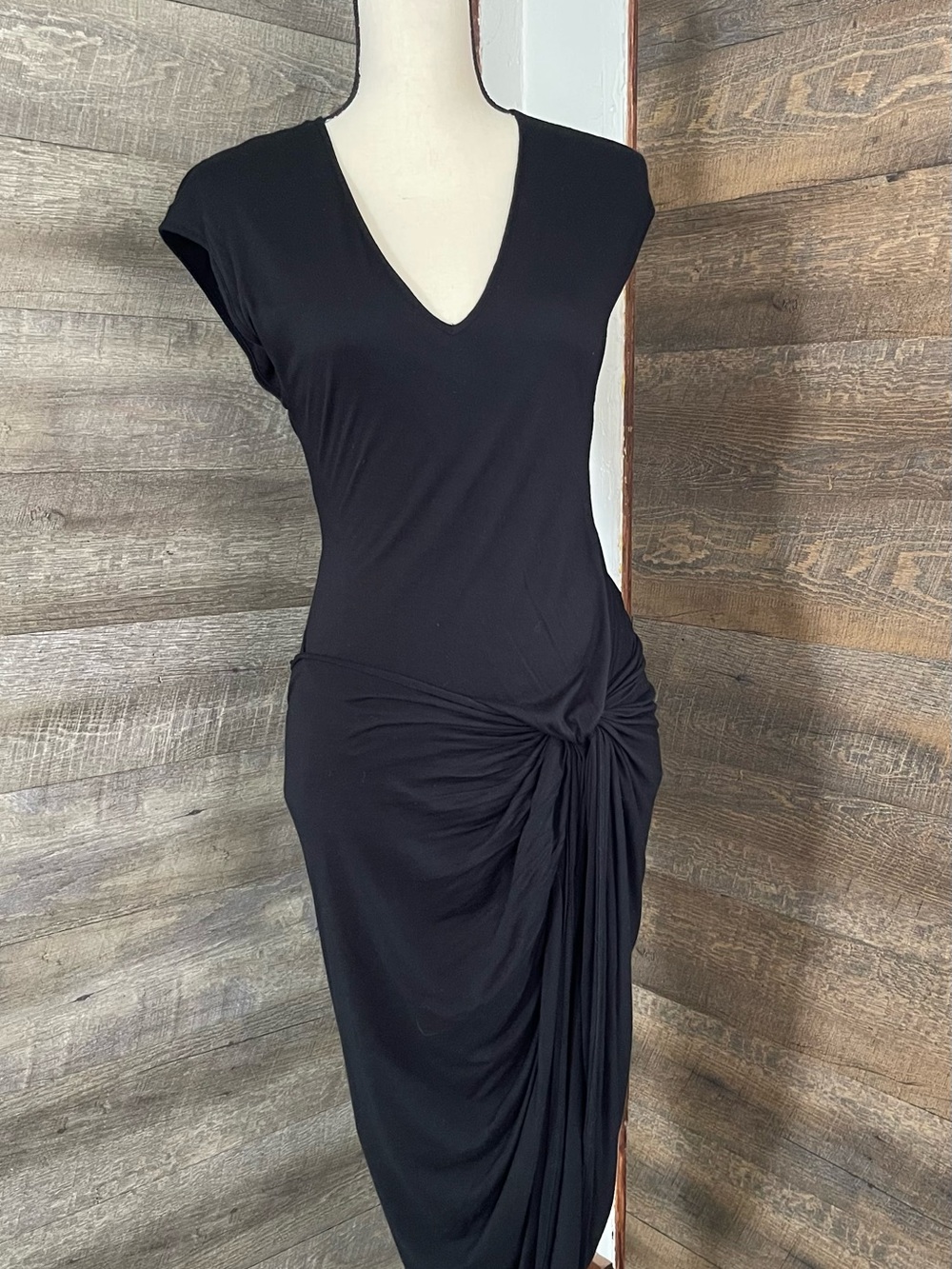 Helmut Lang Black V-Neck Knot Draped Midi-Maxi Dress